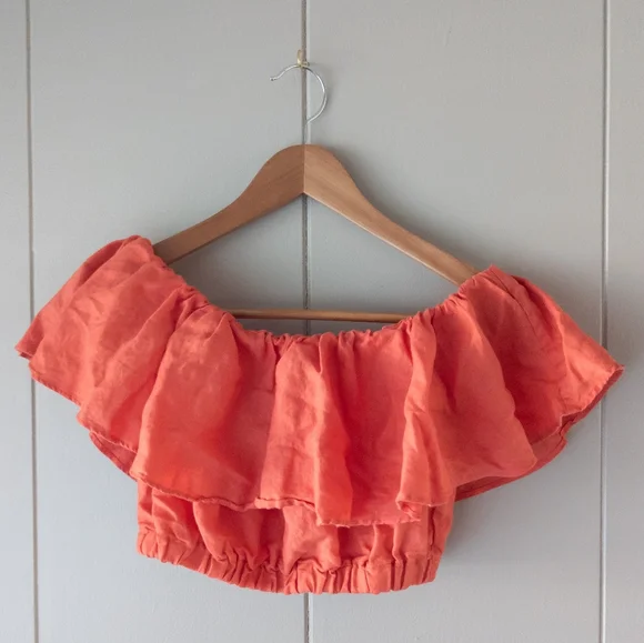 Banana Republic Meridian Linen Off The Shoulder Ruffle Crop Top Coral - Size S - Picture 3 of 7